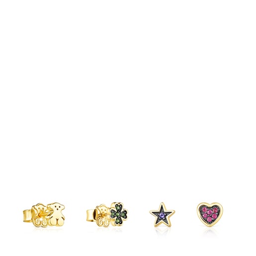 Set of Silver Vermeil Teddy Bear Earrings with Gemstones | 