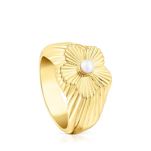 Silver vermeil flower Signet ring with cultured pearl Iris Motif | 