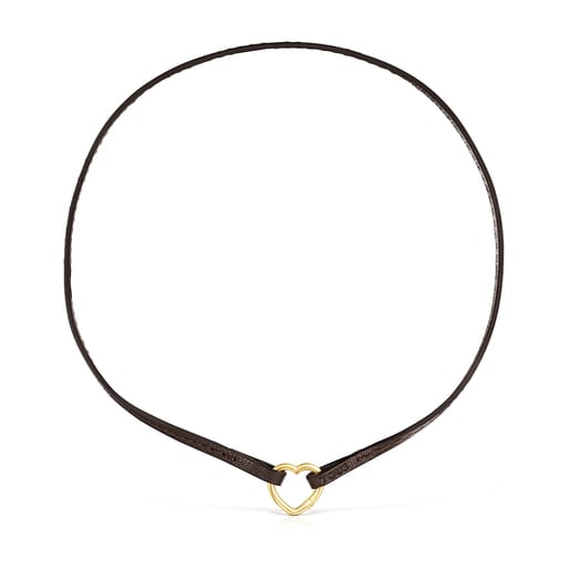 Tous Gold brown Hold heart Necklace Leather and