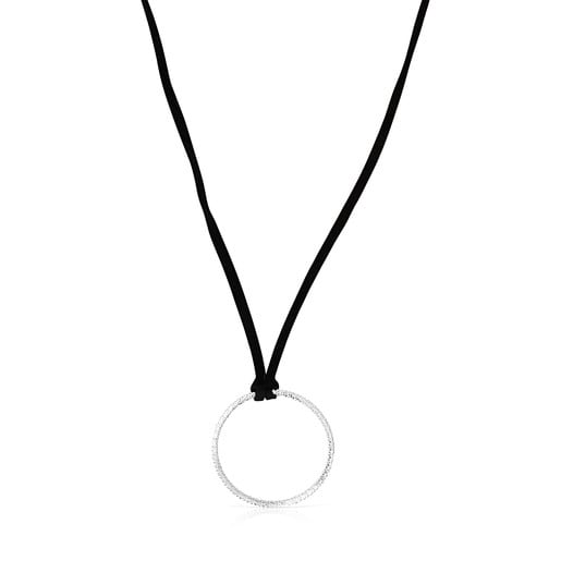 Silver Straight disc Necklace with black Cord