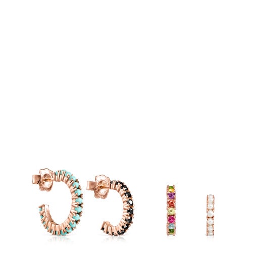 Pack of Straight Earrings in Rose Silver Vermeil with Gemstones | 