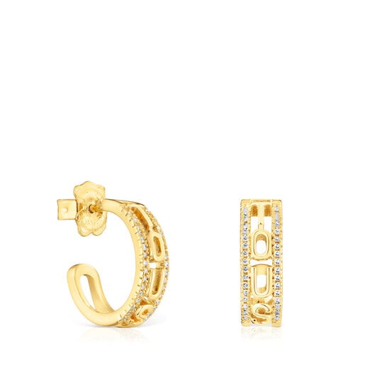 Tous Perfume Silver vermeil Hoop diamonds earrings with Logo