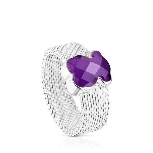 Anillos Tous Silver TOUS Mesh Ring Color Amethyst Bear motif with faceted
