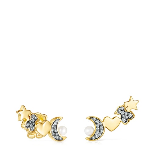 Tous Perfume Nocturne Earrings in Silver Pearl and Diamonds Vermeil with
