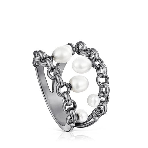 Dark silver Virtual Garden Ring with cultured pearls | 