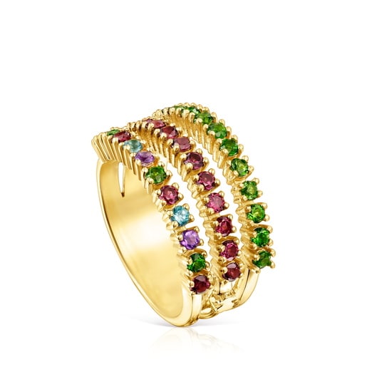 Silver Vermeil TOUS Straight Triple ring with gemstones | 