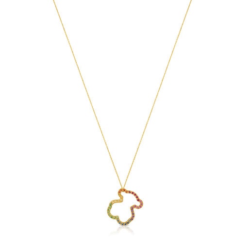 Gold Icon Necklace with multicolor Gemstones medium Bear motif | 