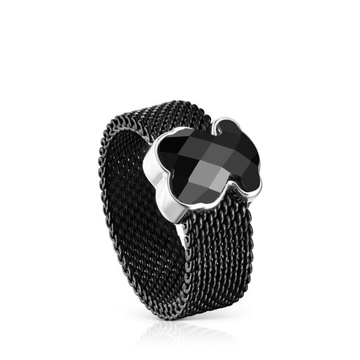 Anillos Tous Black IP Steel Mesh Color Ring with motif Bear Onyx