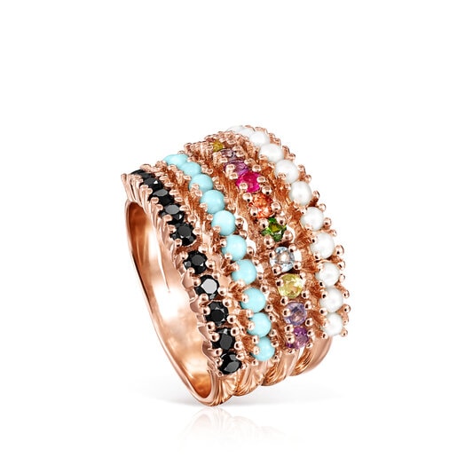 Straight Ring in Rose Silver Vermeil with multicolor Gemstones