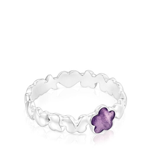Anillos Tous Silver Bold Motif an with flower Ring amethyst
