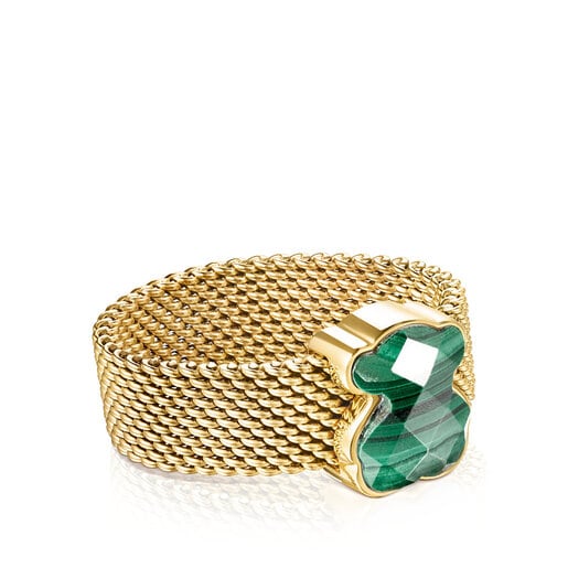 Anillos Tous Gold-colored IP Steel Mesh Color Ring Malachite Bear with motif