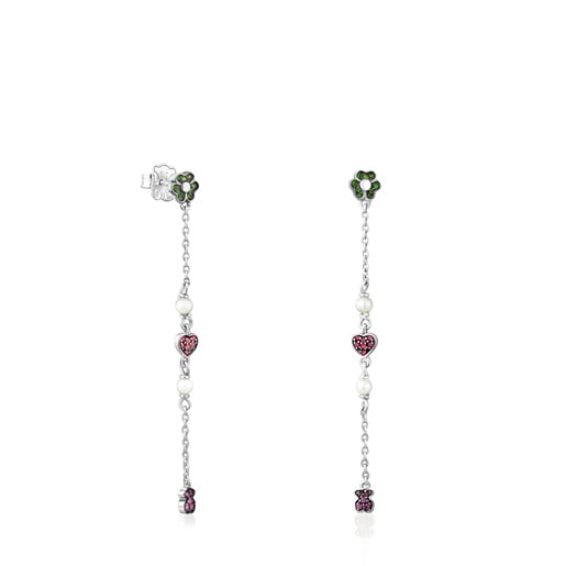 Silver TOUS New Motif Long Earrings with gemstones and pearls | 