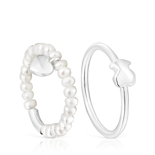 Tous Icons Mini bear set cultured and heart Silver Ring pearls