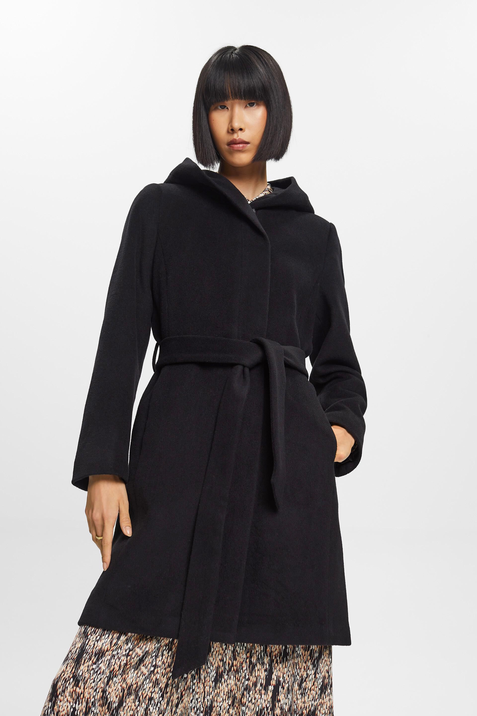 Esprit Damen Recycelt: Mantel aus Wollmischung mit Kapuze und Gürtel