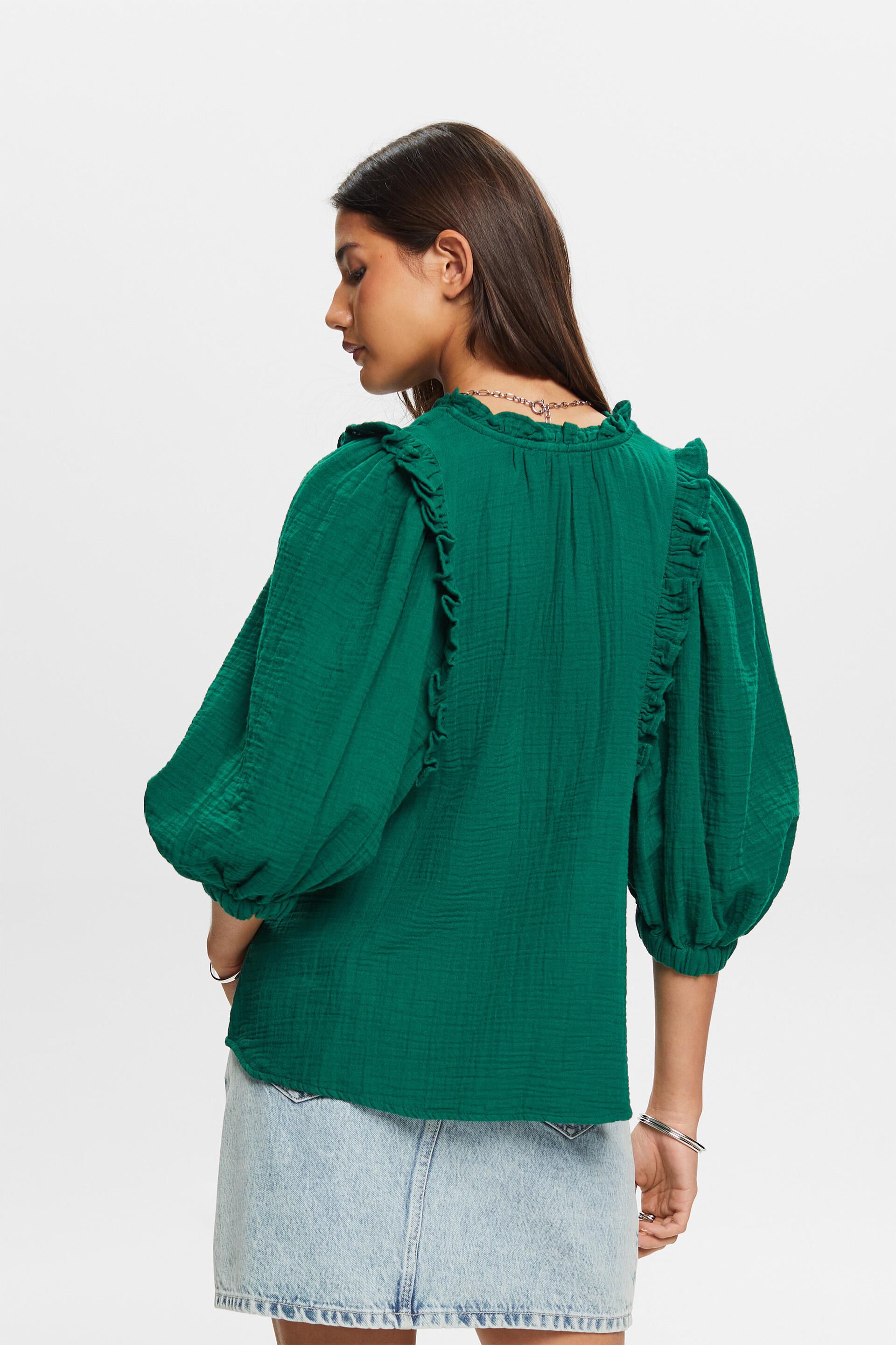 Esprit Damen Bluse aus Baumwollgaze mit Rüschenbesatz
