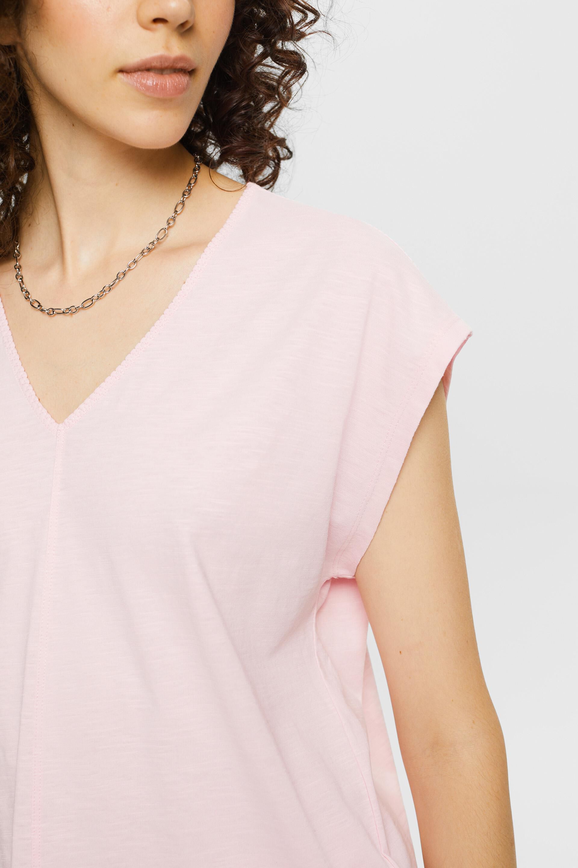 Esprit Damen T-Shirt mit V-Ausschnitt Ziernaht, Baumwolle und % 100