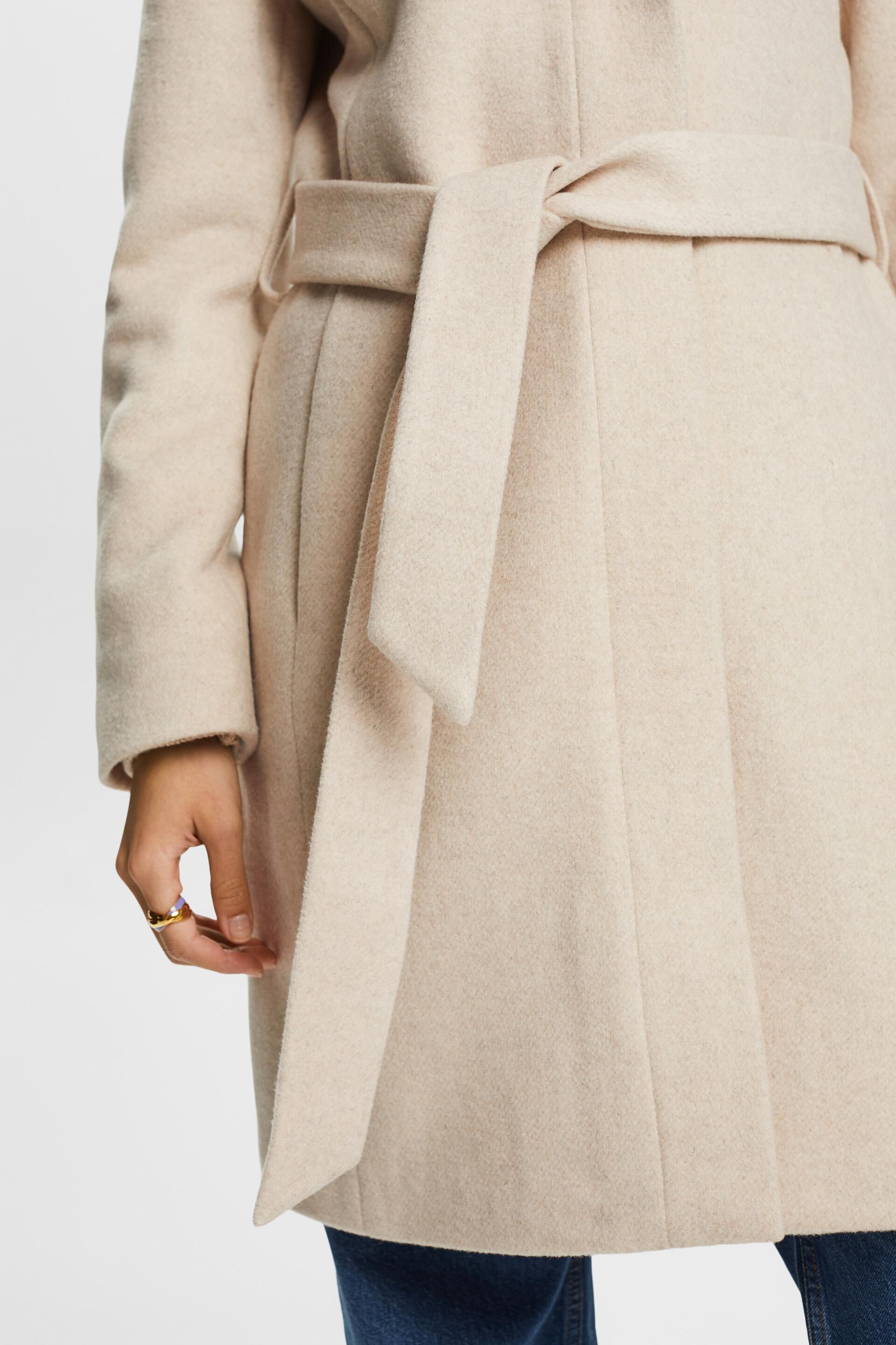 Esprit Damen Recycelt: Mantel aus Gürtel mit Kapuze Wollmischung und
