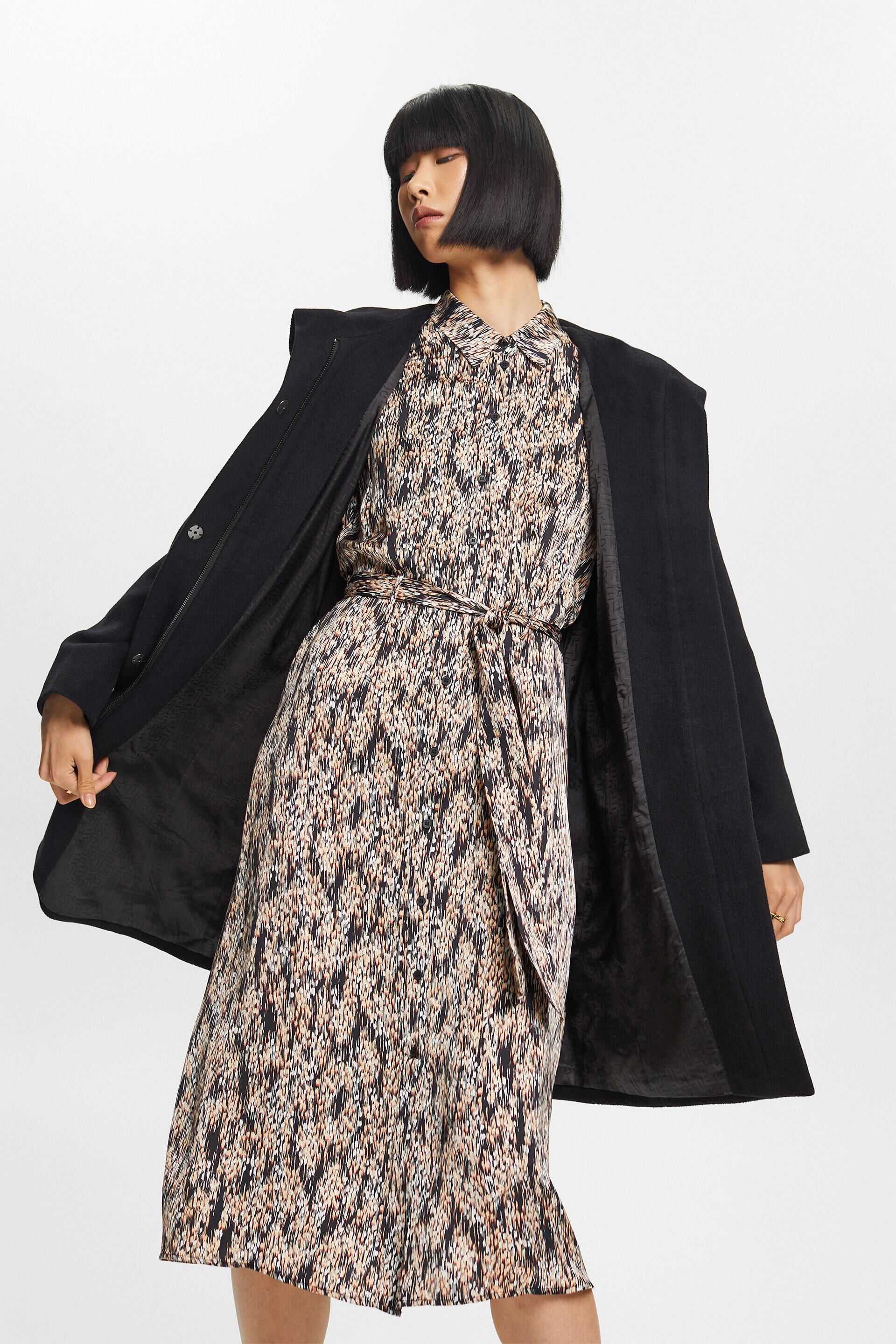 Esprit Damen Recycelt: Mantel aus Wollmischung mit Kapuze Gürtel und