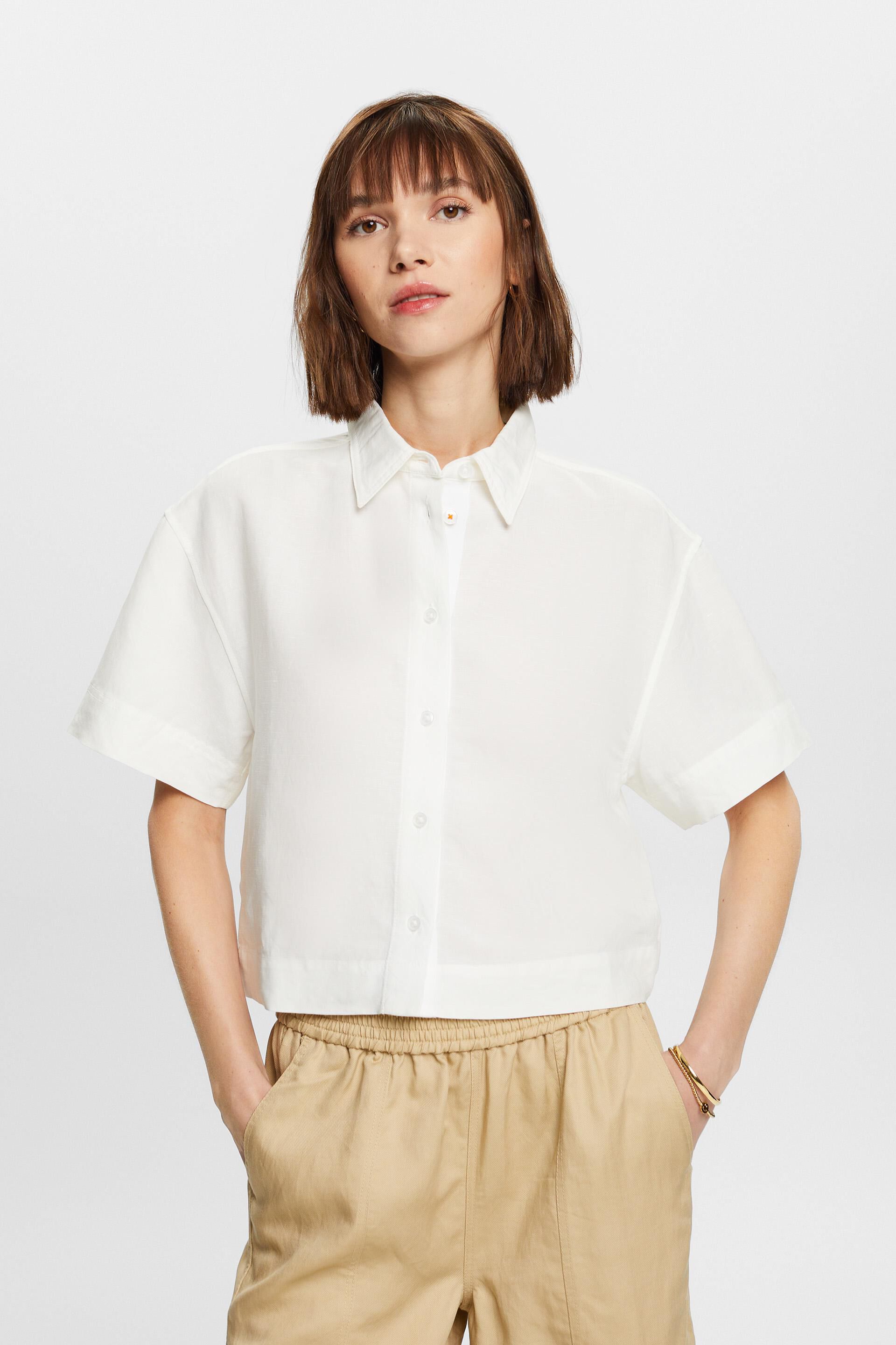 Esprit Damen Cropped shirt blouse, blend linen
