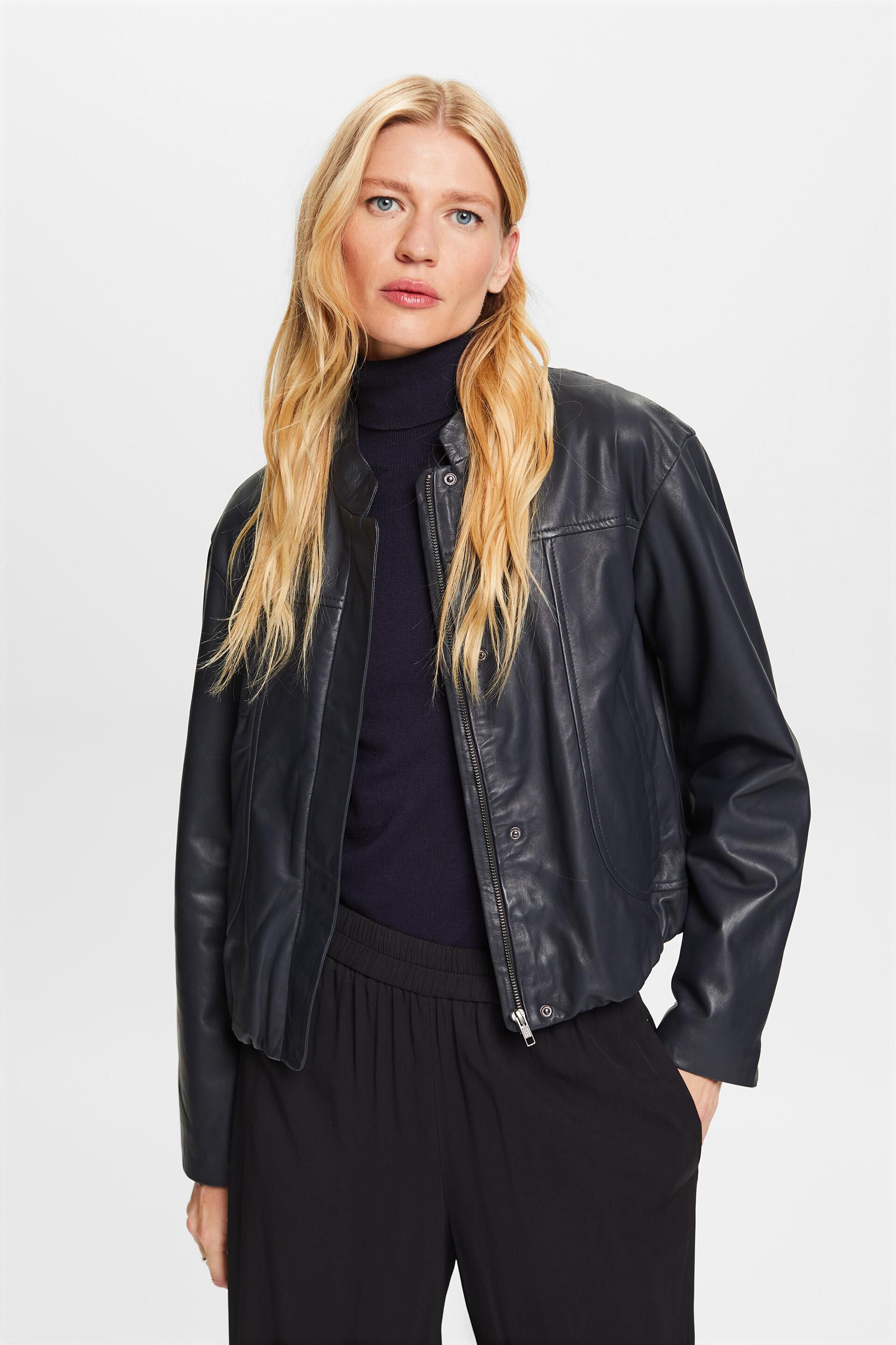 Esprit Damen Band Collar Leather Jacket