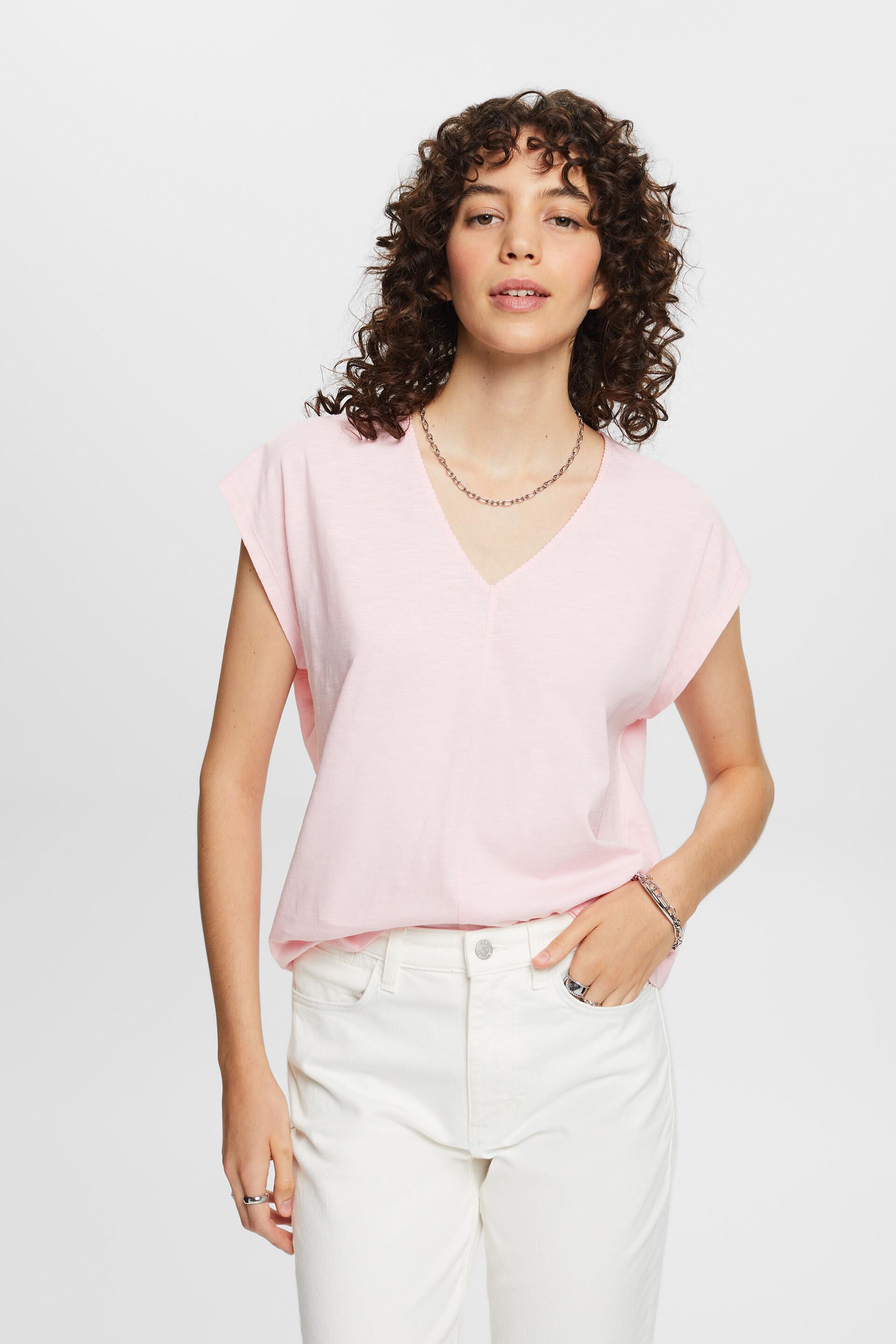 Esprit Damen V-neck T-shirt with decorative stitch, 100% cotton