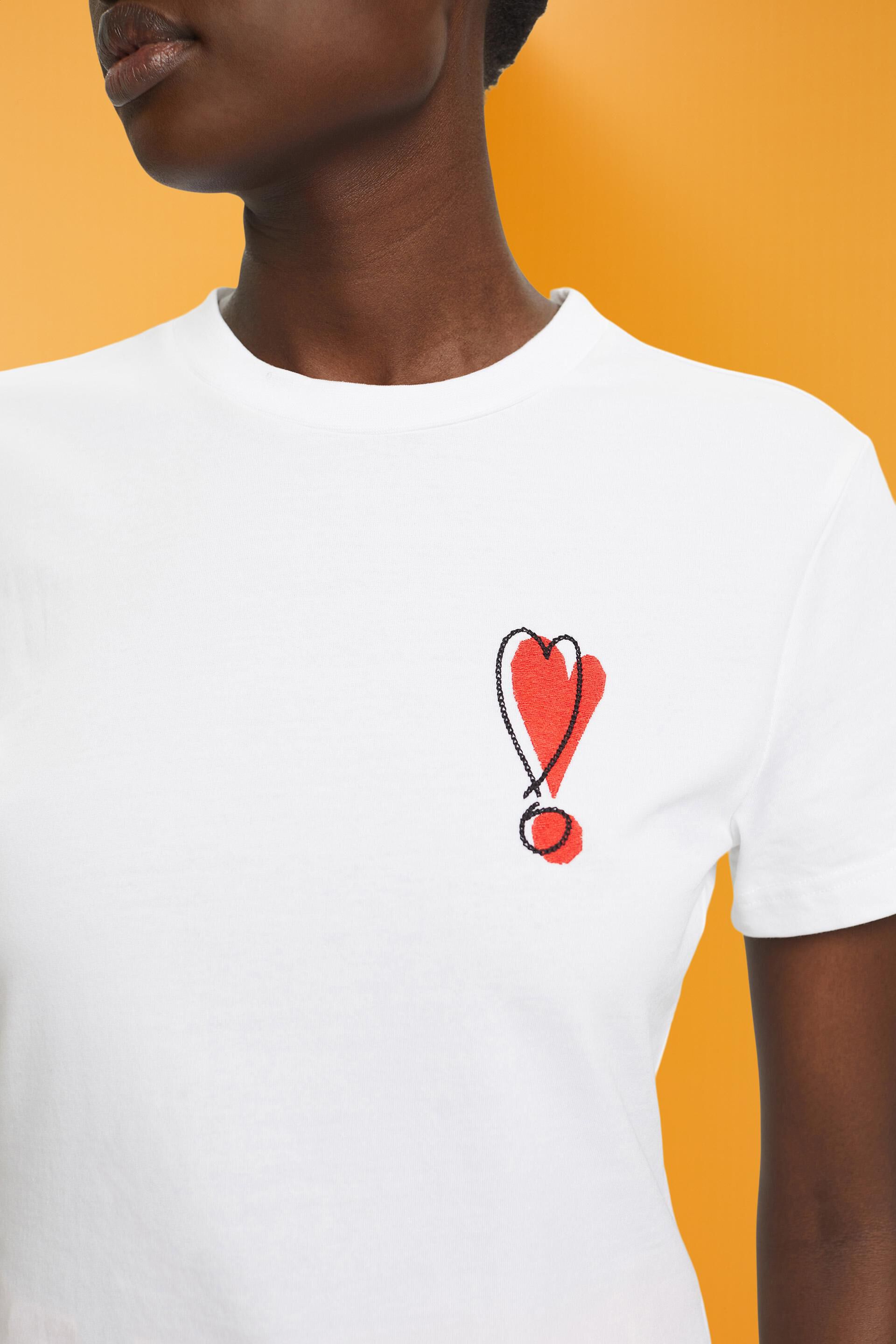 Esprit Damen Baumwoll-T-Shirt mit Herzmotiv gesticktem