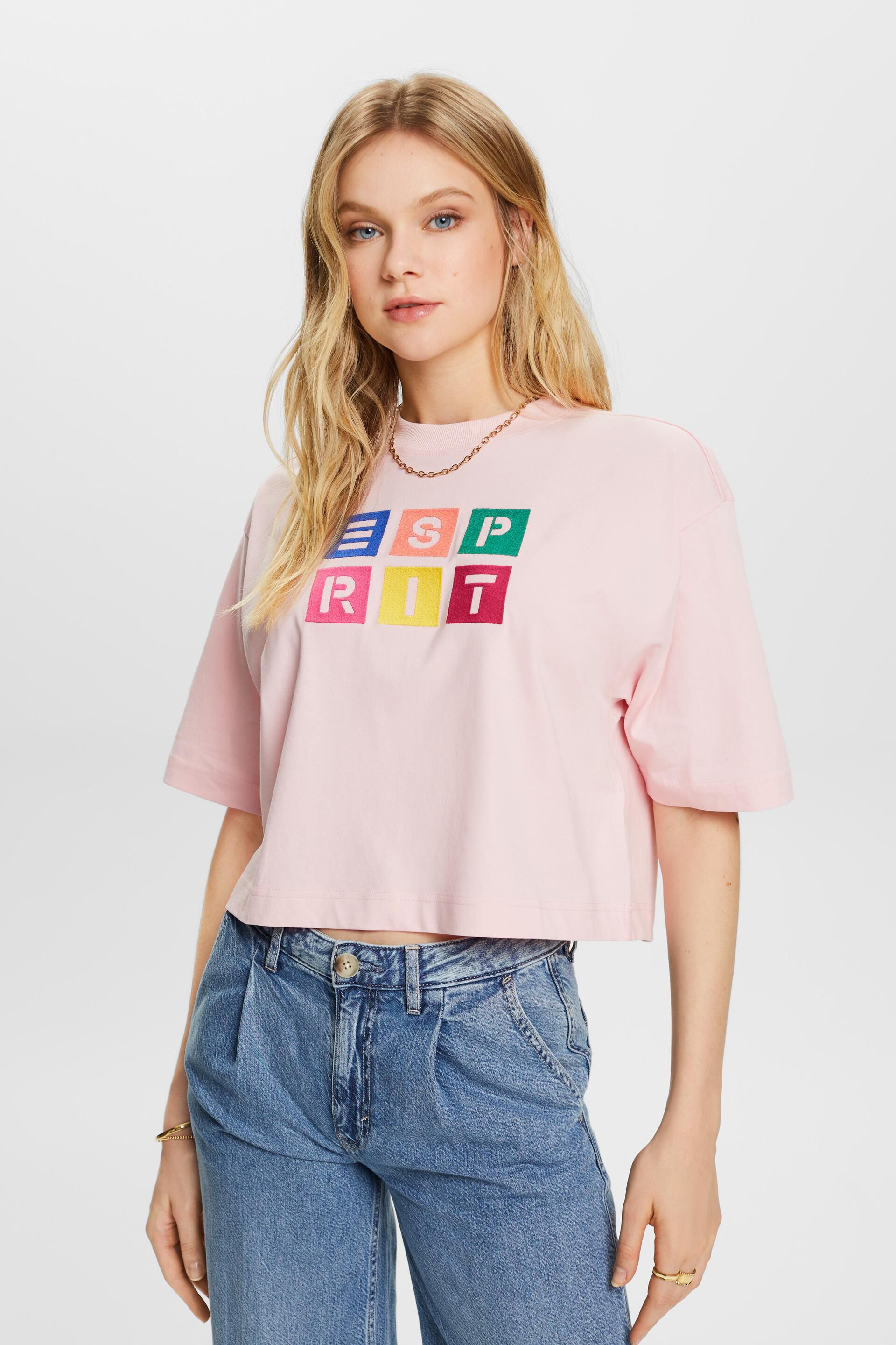Esprit Damen T-Shirt mit aufgesticktem Logo, 100 % Baumwolle