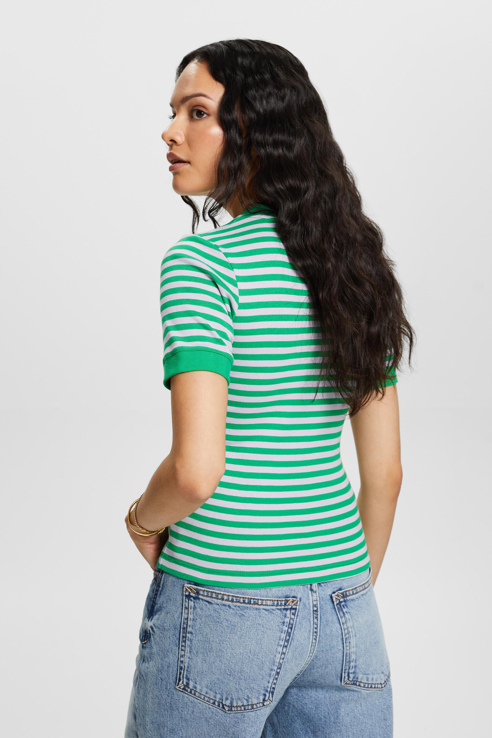 Esprit Damen Gestreiftes Baumwoll-T-Shirt mit Logo-Print