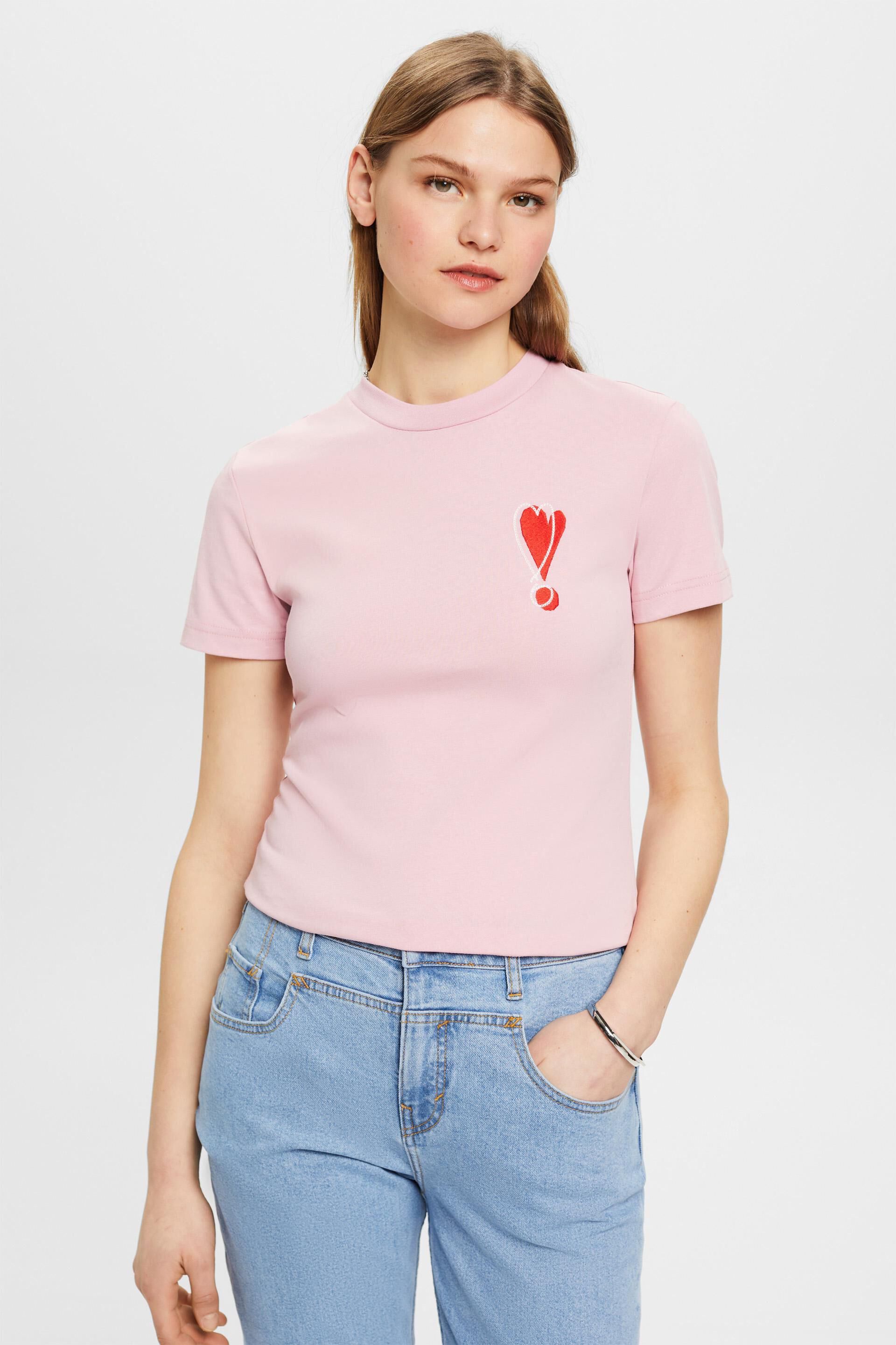 Esprit Damen Baumwoll-T-Shirt mit gesticktem Herzmotiv