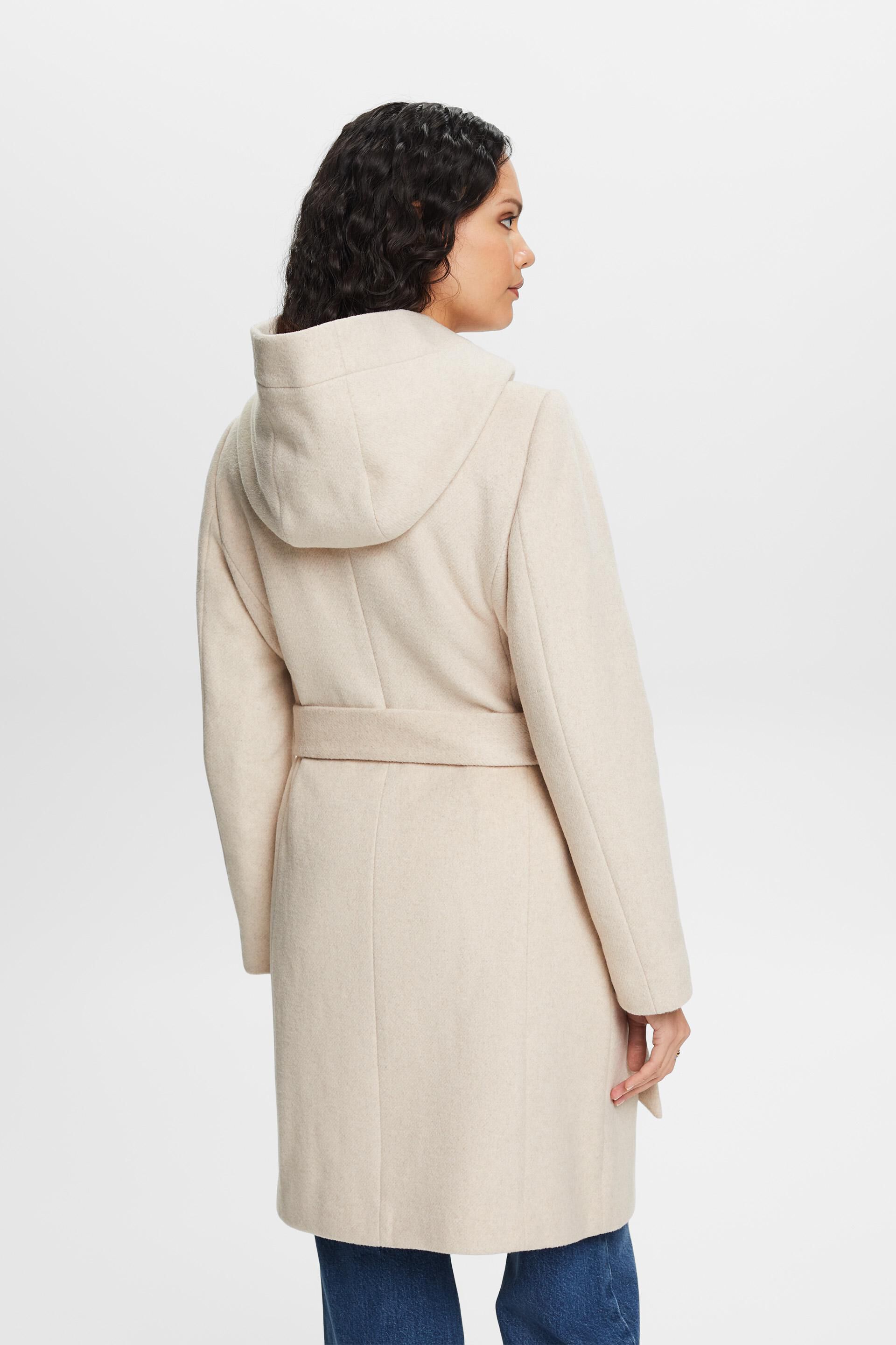 Esprit Damen Recycelt: Mantel aus Wollmischung Gürtel und mit Kapuze