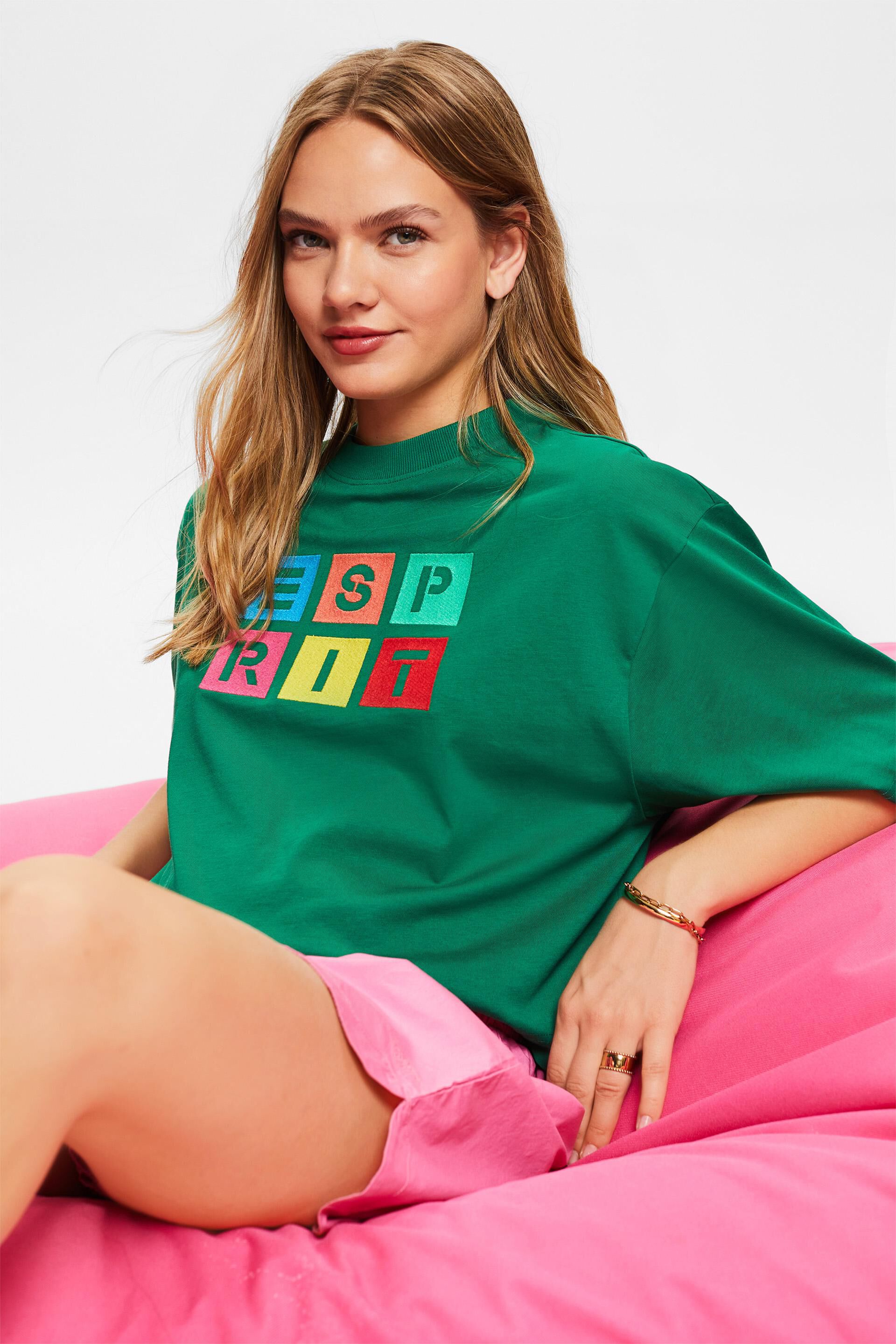 Esprit Damen T-Shirt mit aufgesticktem Logo, Baumwolle 100 