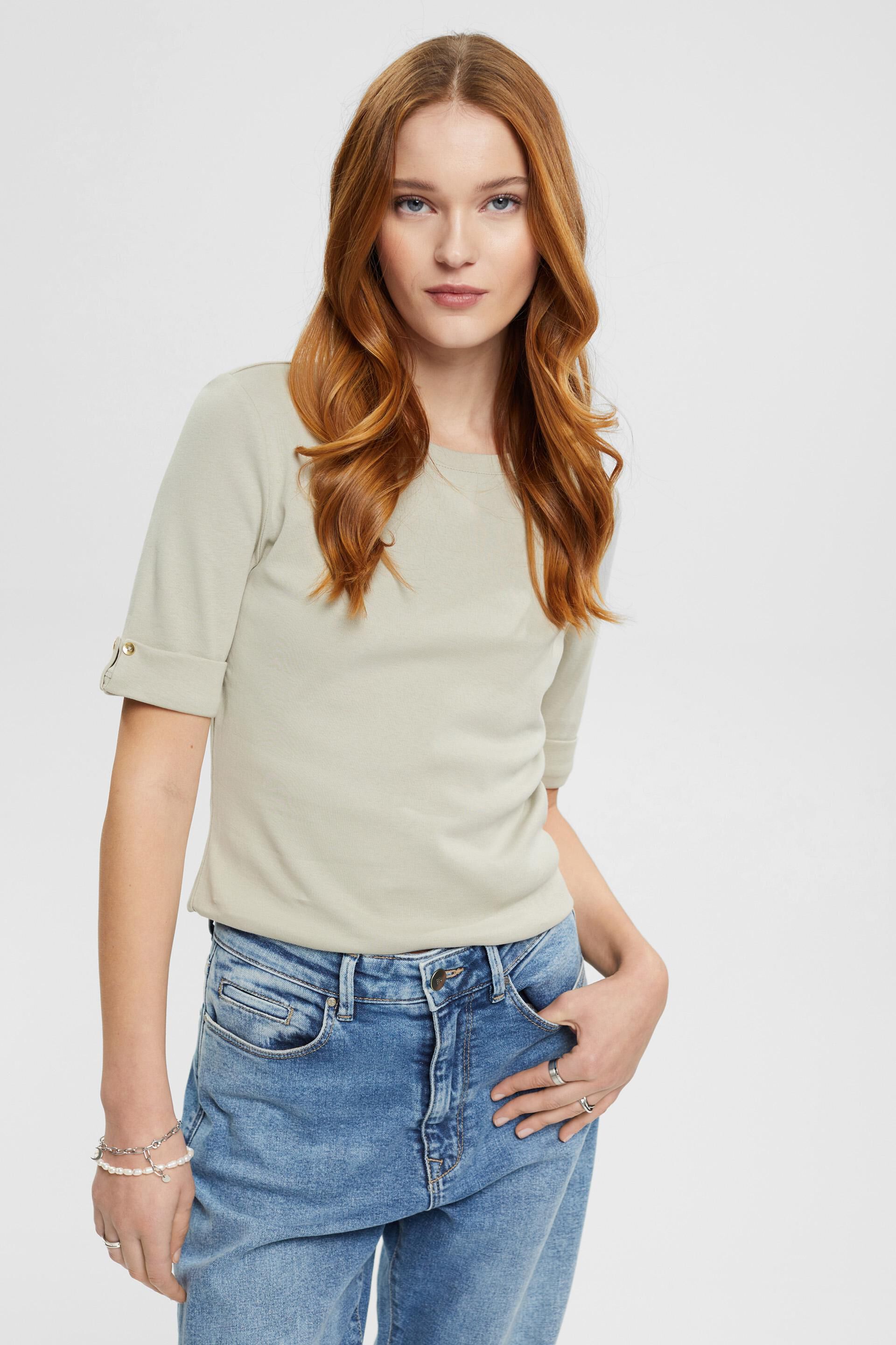 Esprit Damen Organic cotton T-shirt with turn-up cuffs