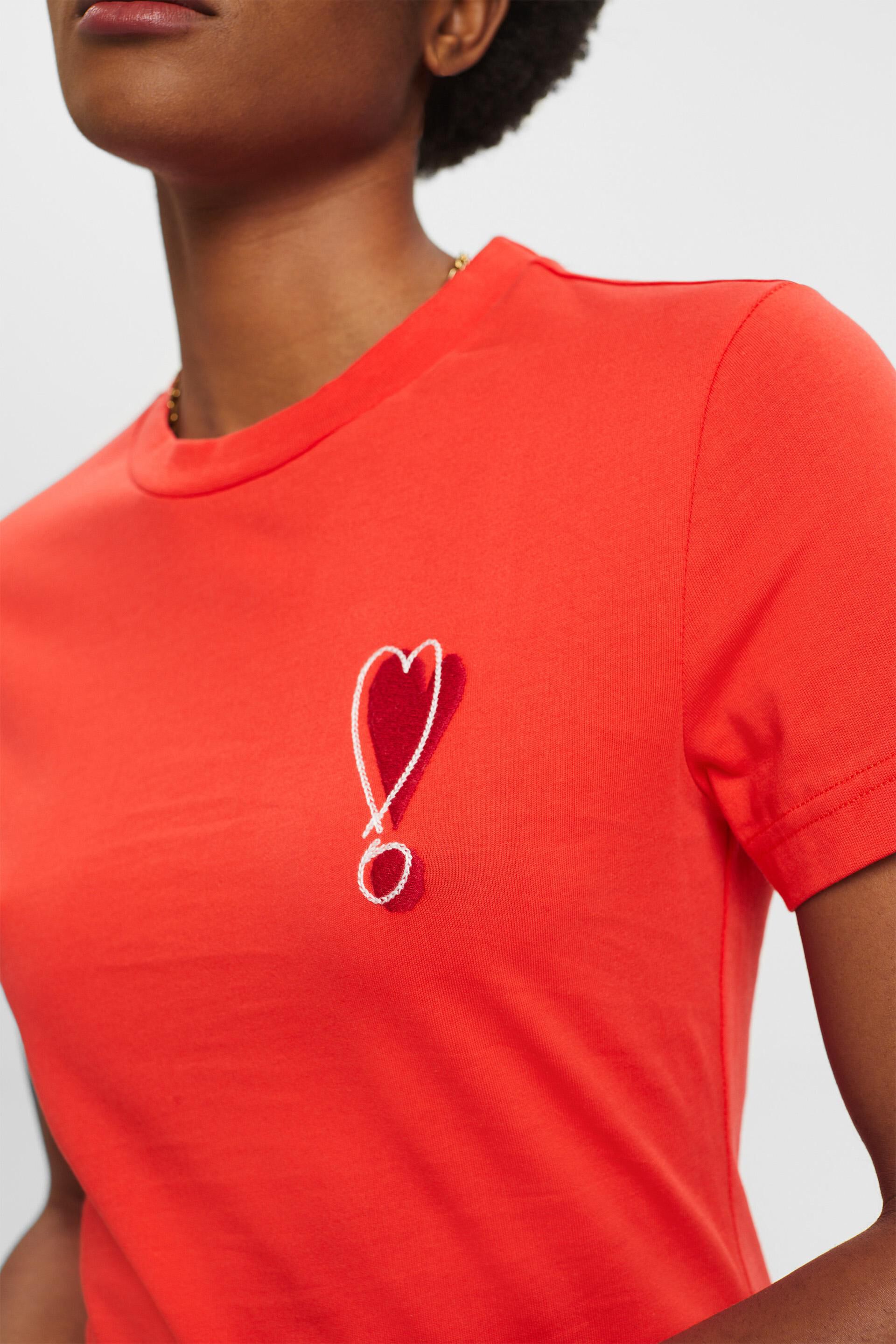 Esprit Damen Baumwoll-T-Shirt mit Herzmotiv gesticktem