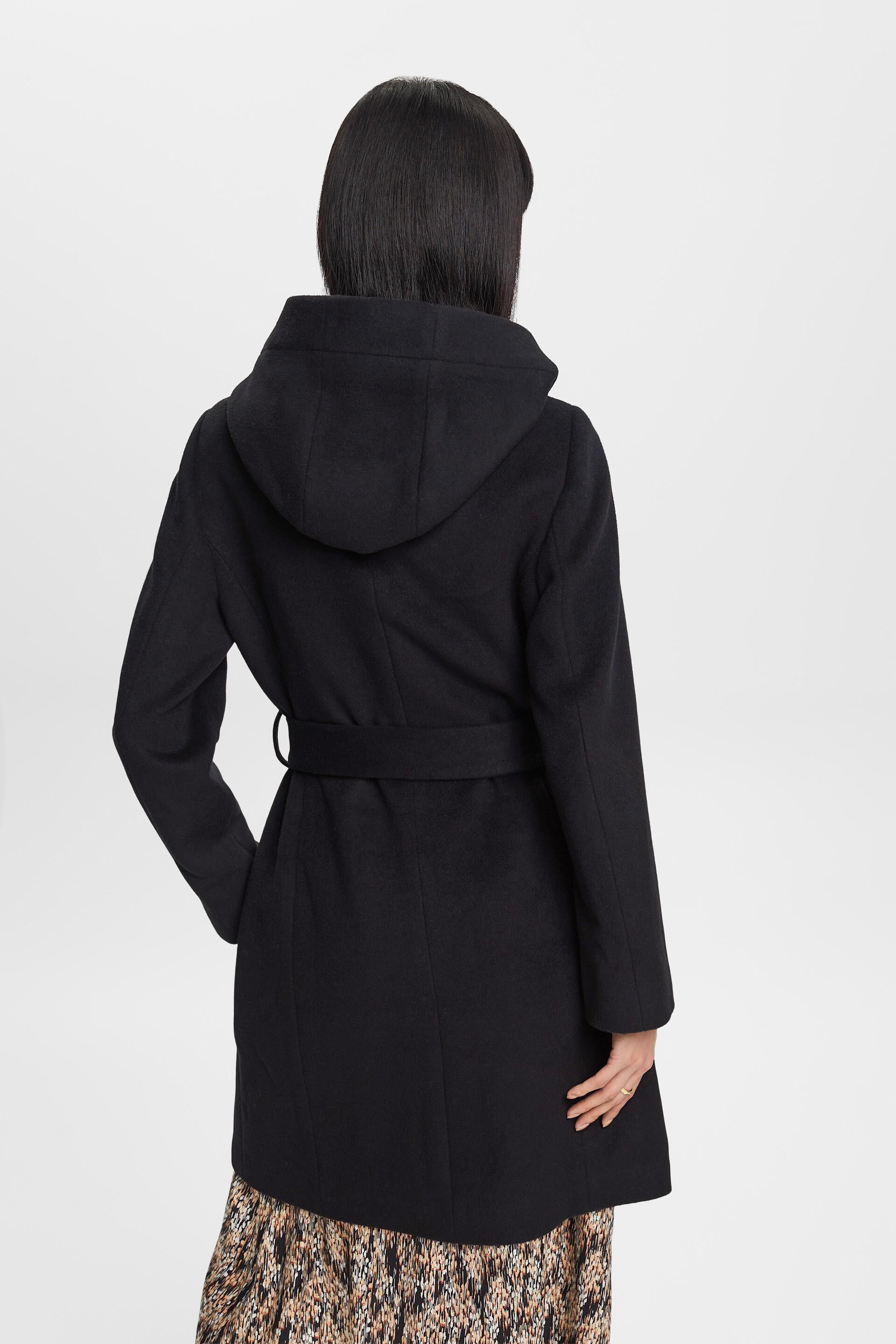 Esprit Damen Recycelt: Mantel aus Wollmischung mit Gürtel Kapuze und