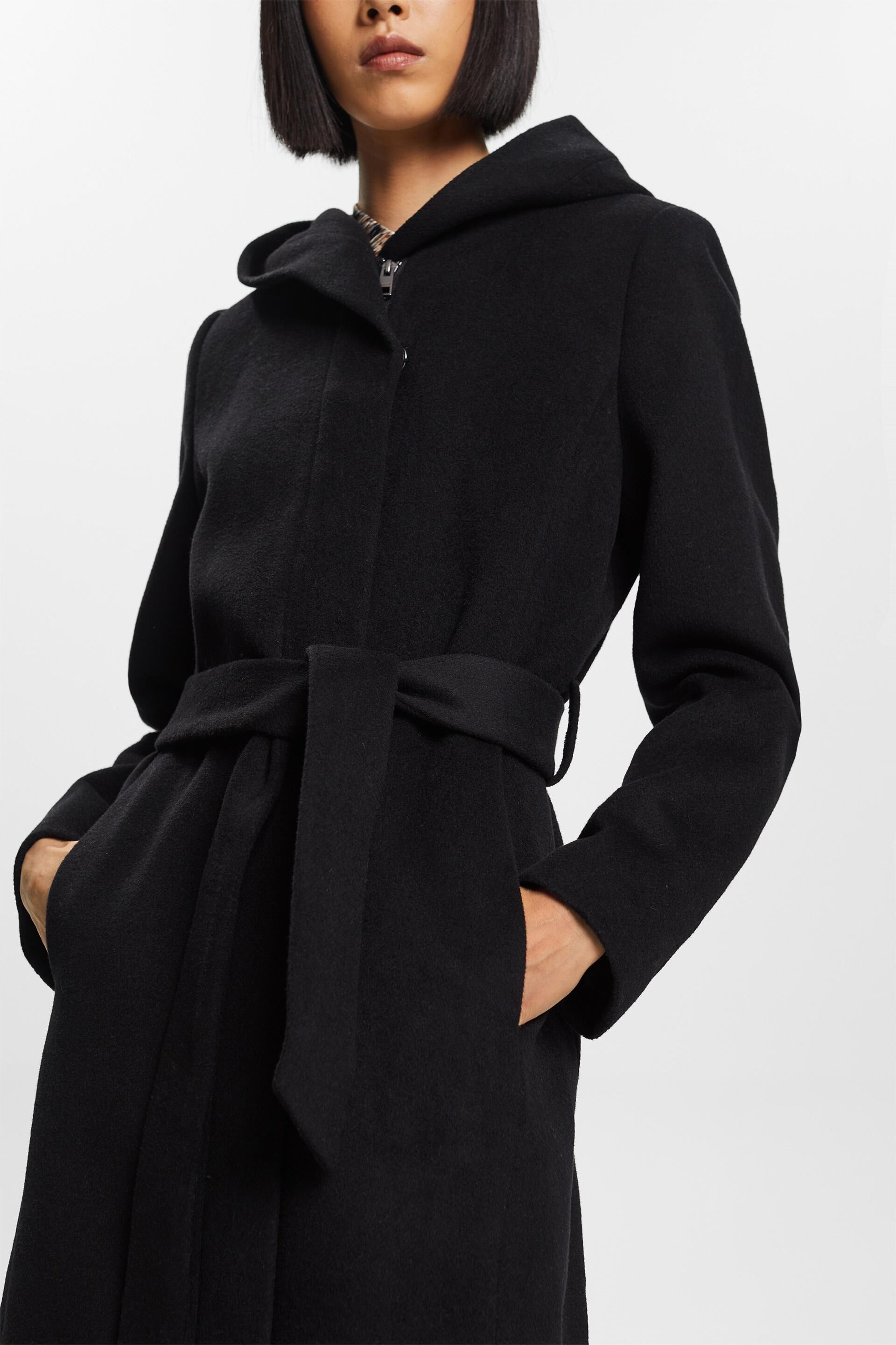 Esprit Damen Recycelt: Mantel aus Wollmischung mit Kapuze Gürtel und