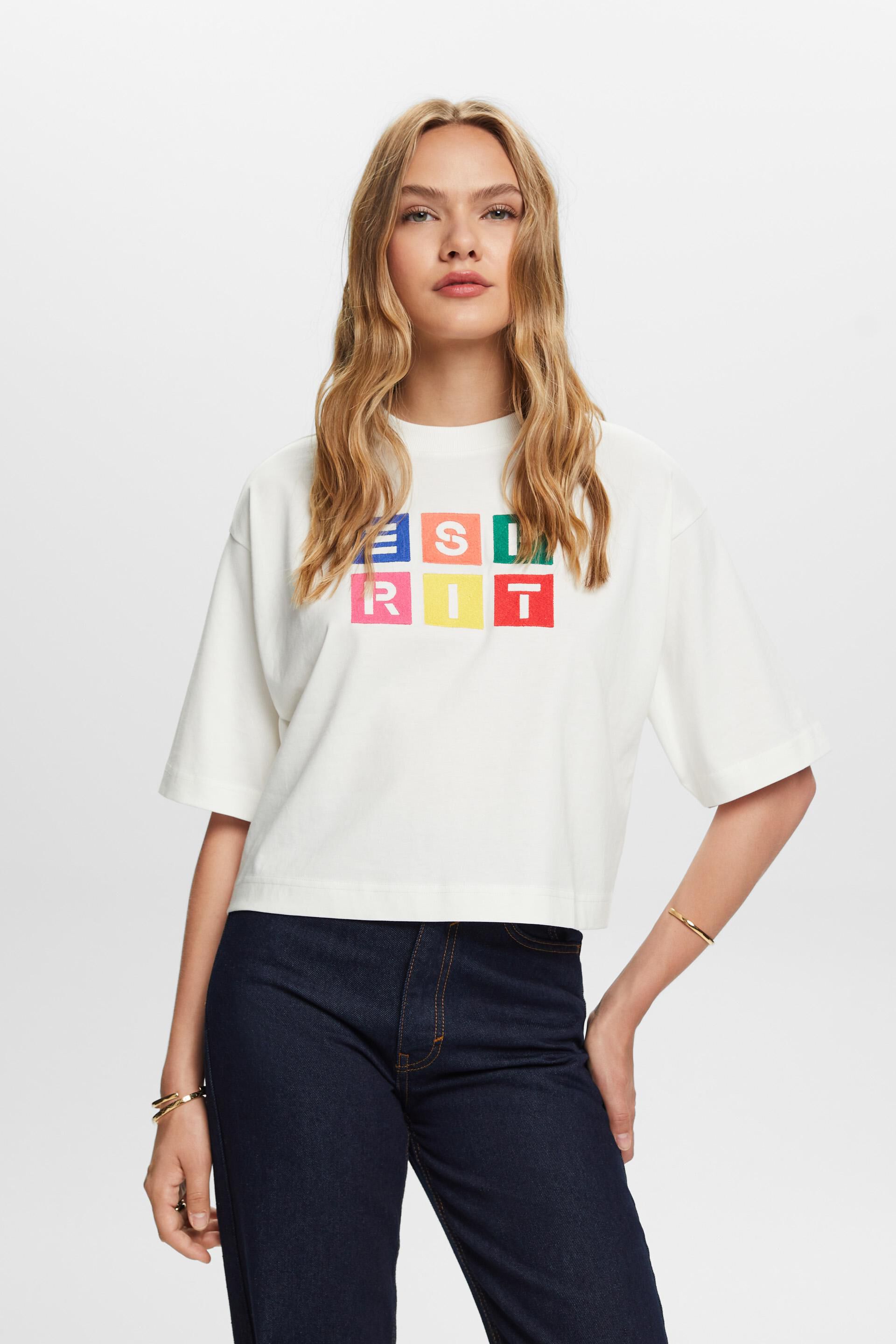 Esprit Damen T-Shirt mit Baumwolle aufgesticktem % 100 Logo