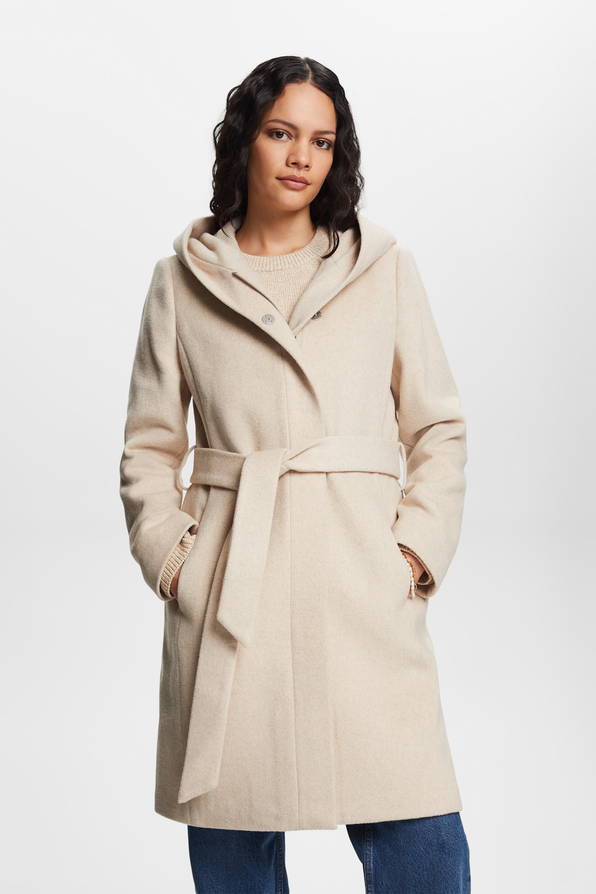 Esprit Damen Recycelt: Mantel aus Wollmischung Gürtel und mit Kapuze