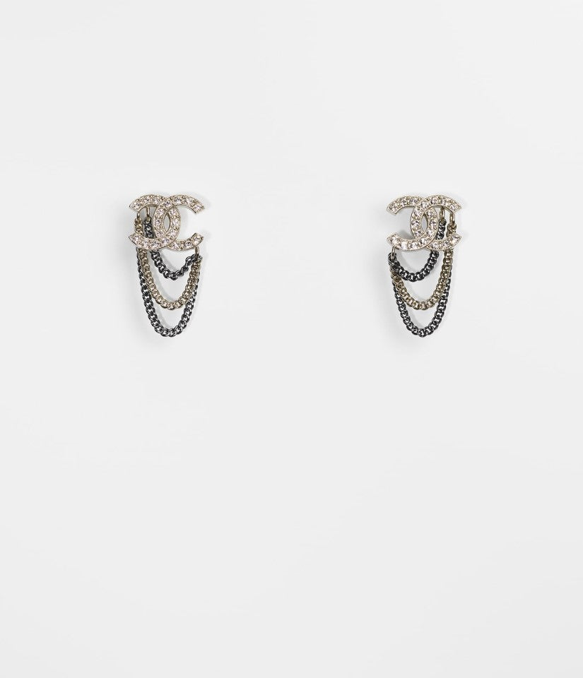 Chanel CC Drop Earrings Strass Silver, Ruthenium & Crystal