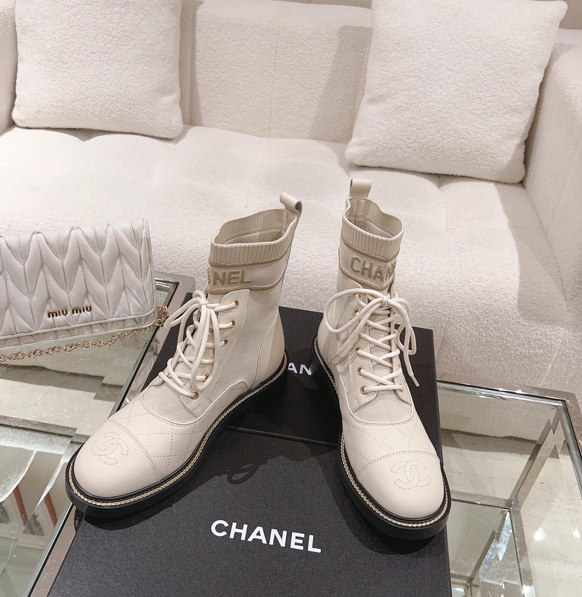 Chanel Knitted lace-up booties