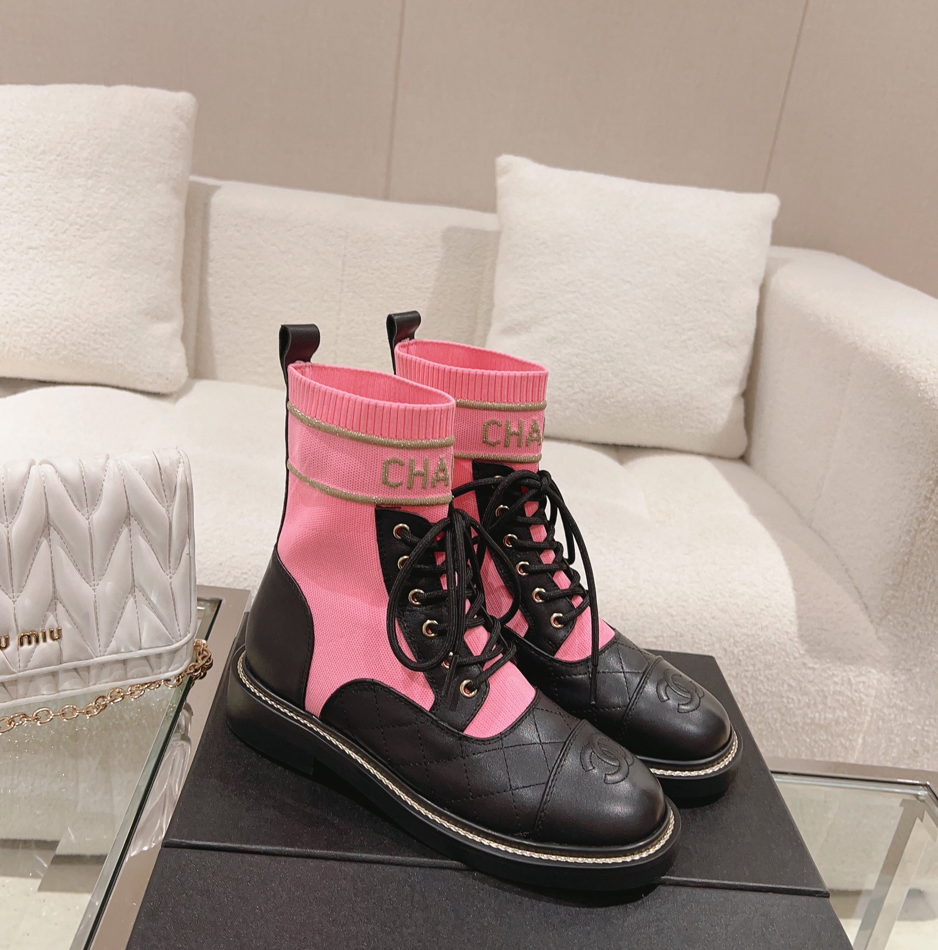 Chanel Knitted lace-up booties