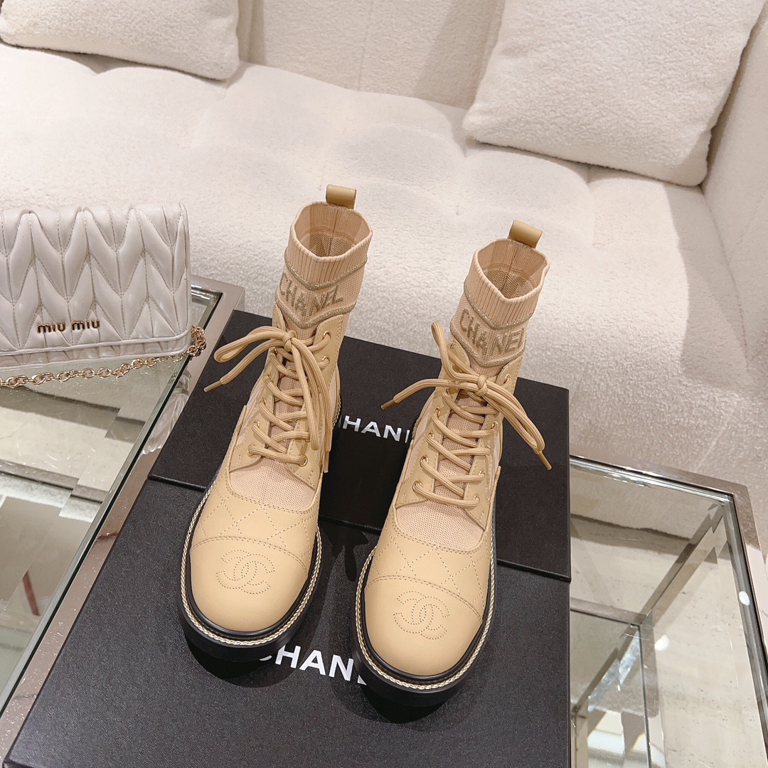 Chanel Knitted lace-up booties