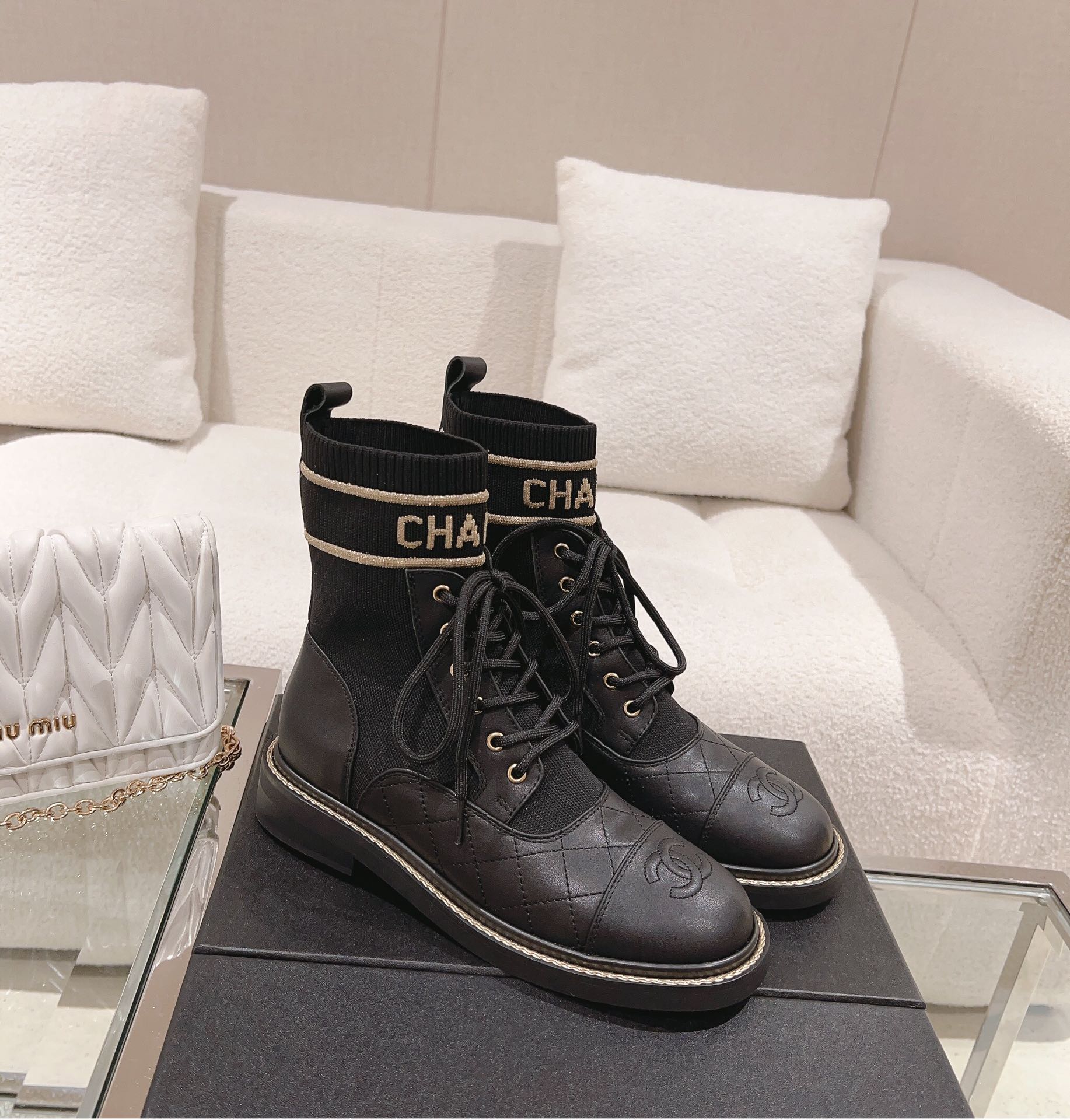 Chanel Knitted lace-up booties