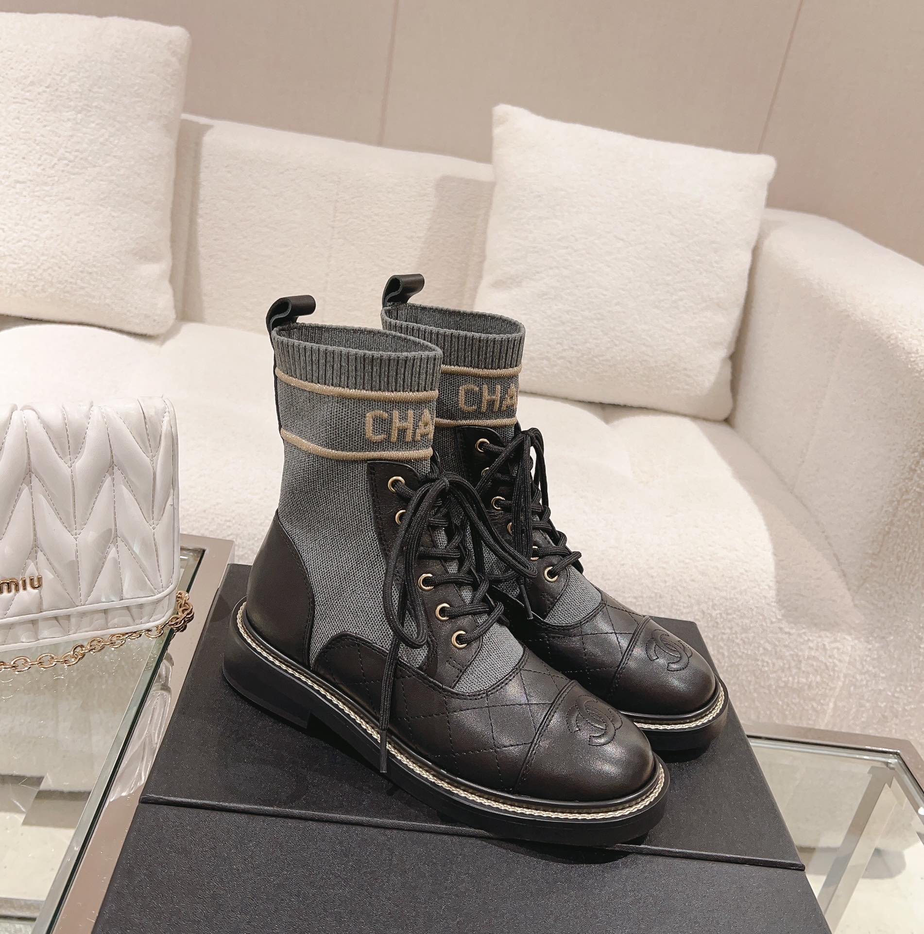 Chanel Knitted lace-up booties