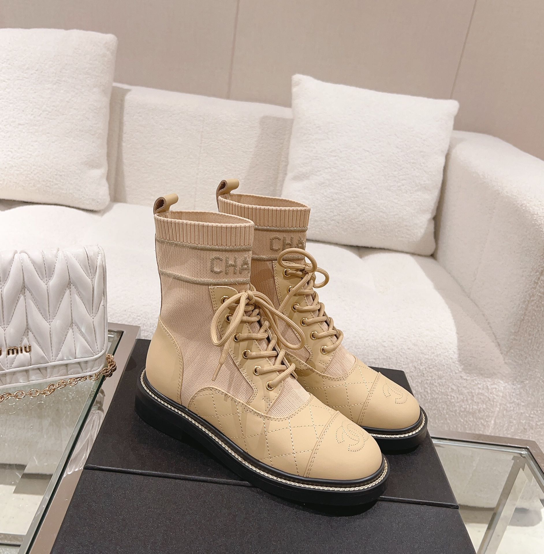 Chanel Knitted lace-up booties