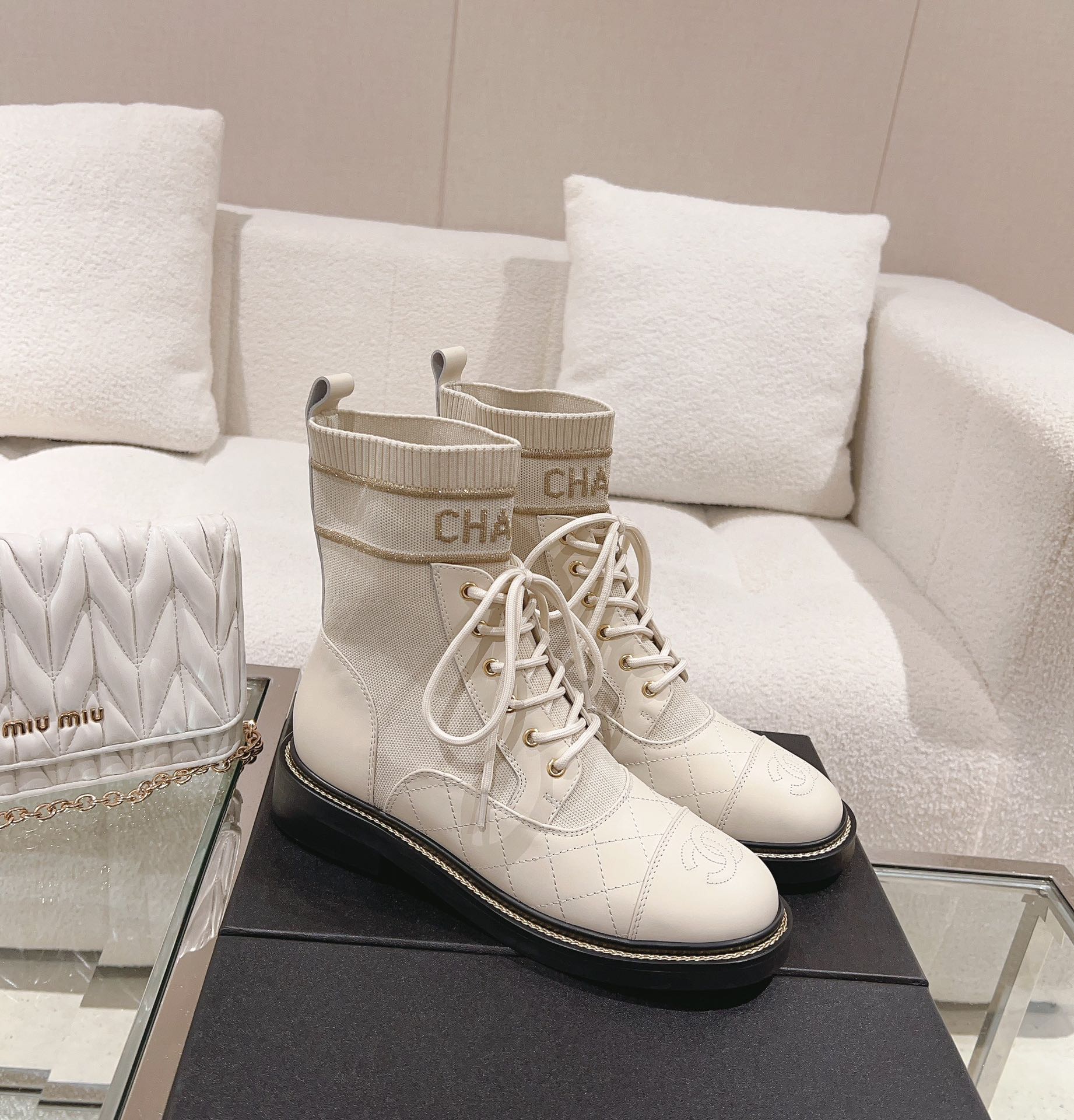 Chanel Knitted lace-up booties