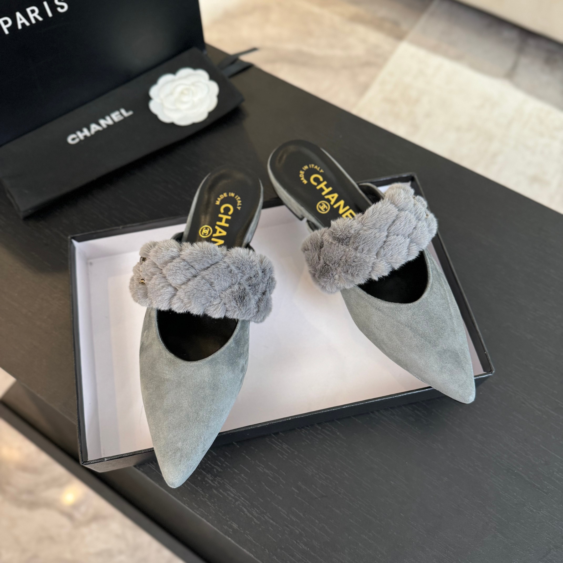 Chanel Rabbit fur slippers