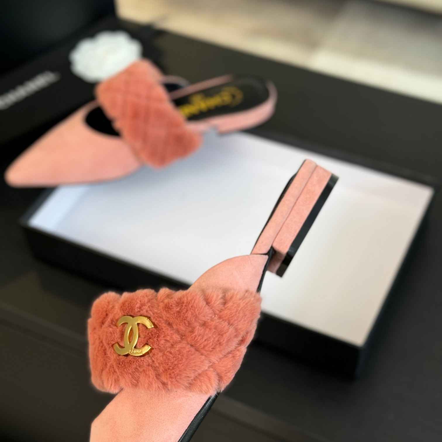 Chanel Rabbit fur slippers