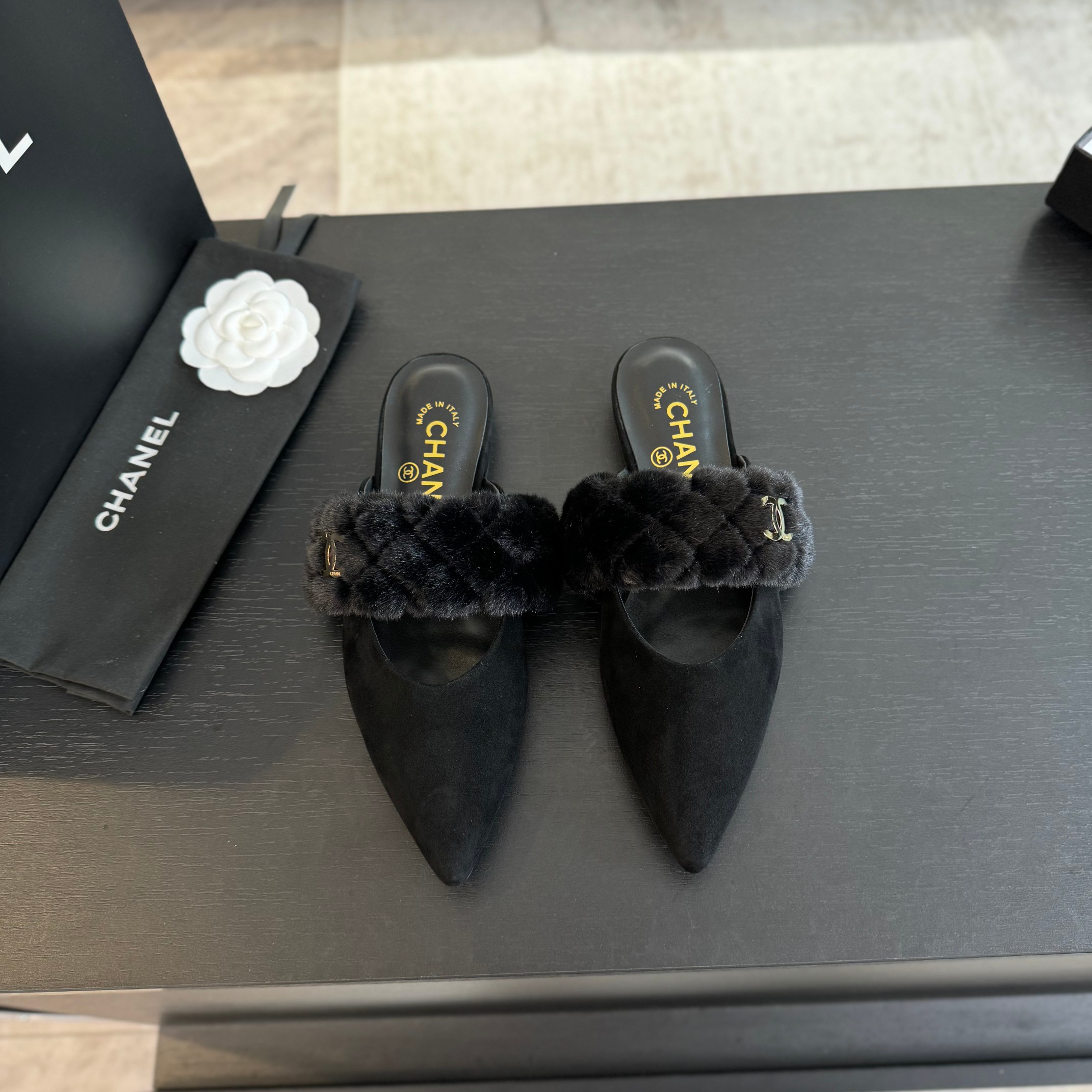 Chanel Rabbit fur slippers