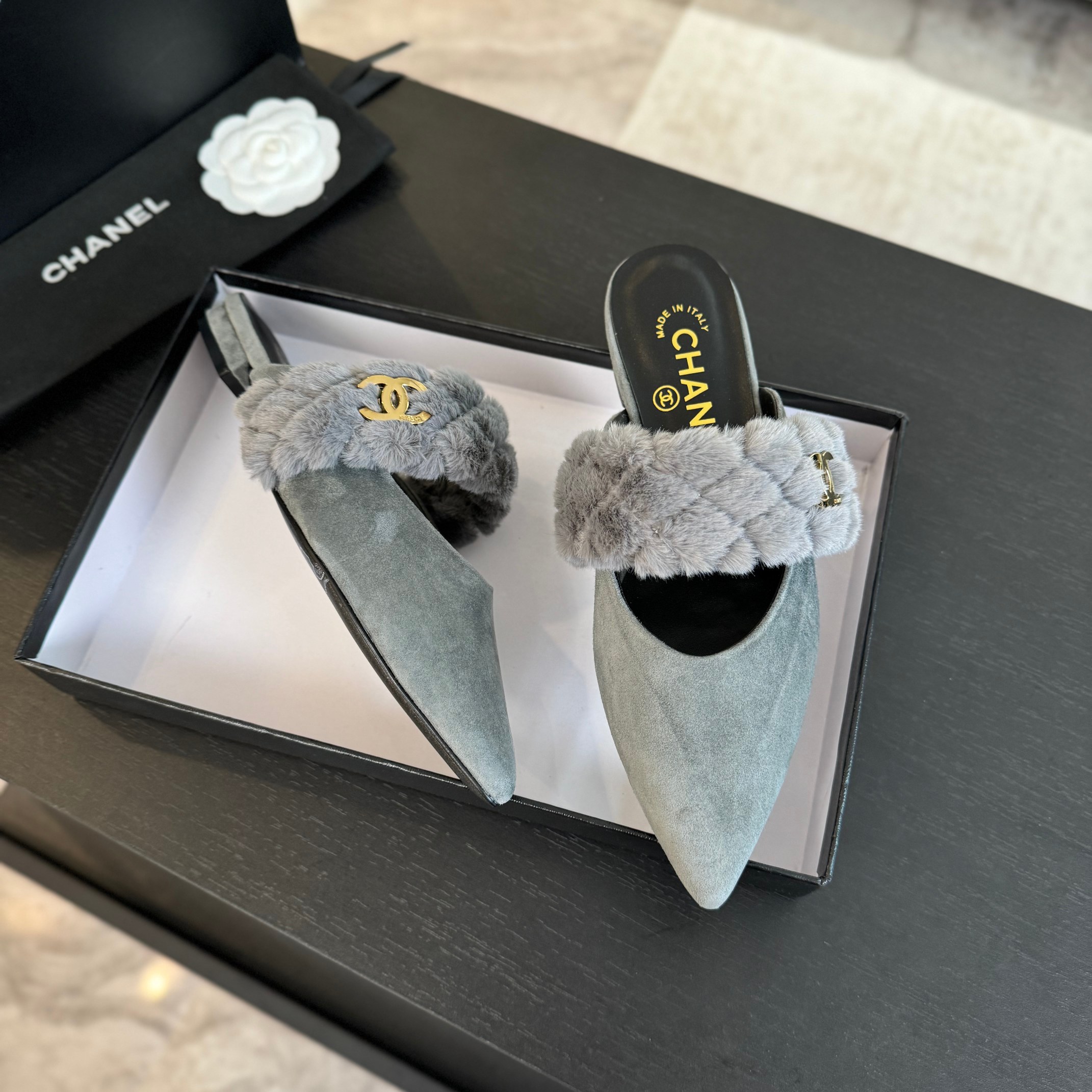 Chanel Rabbit fur slippers