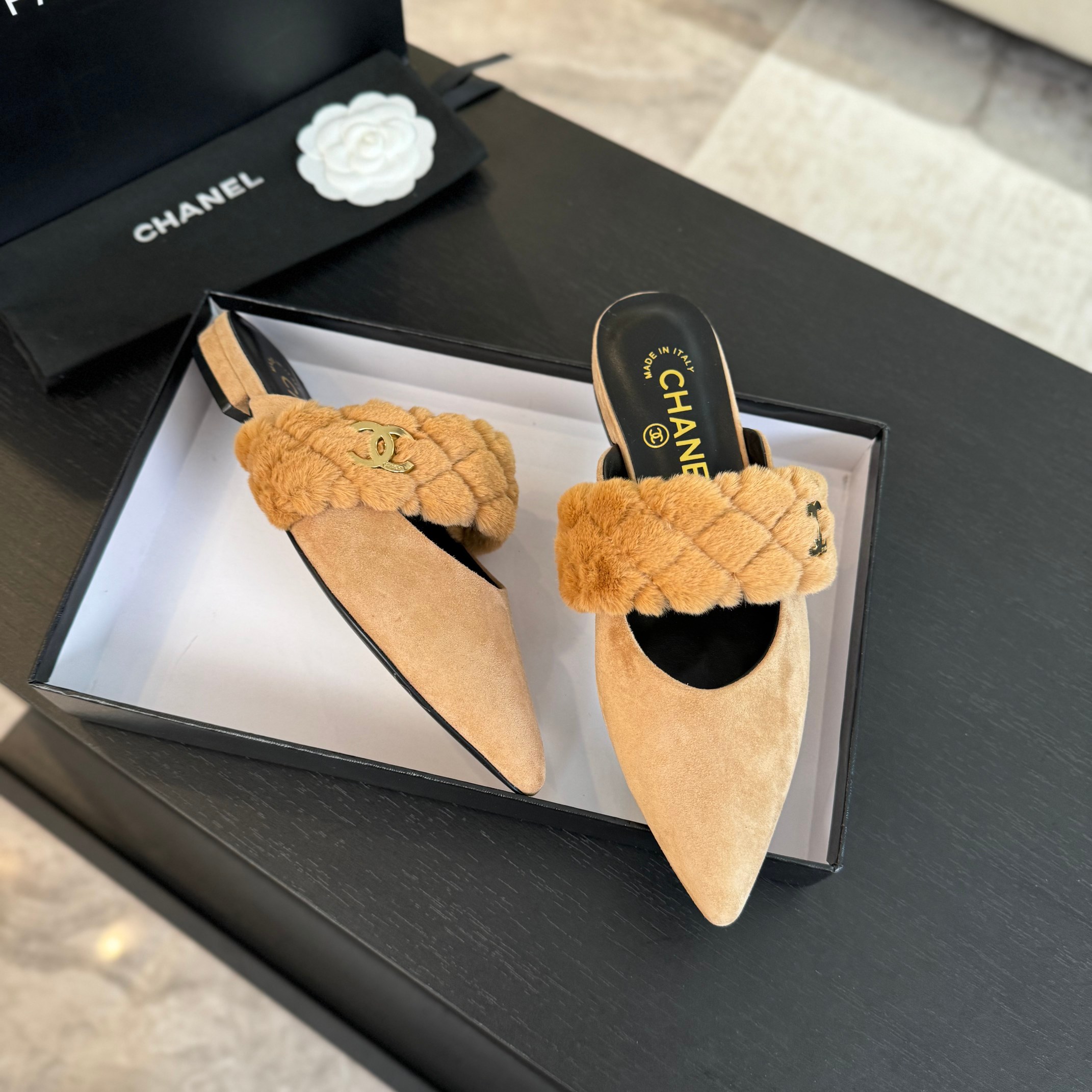 Chanel Rabbit fur slippers